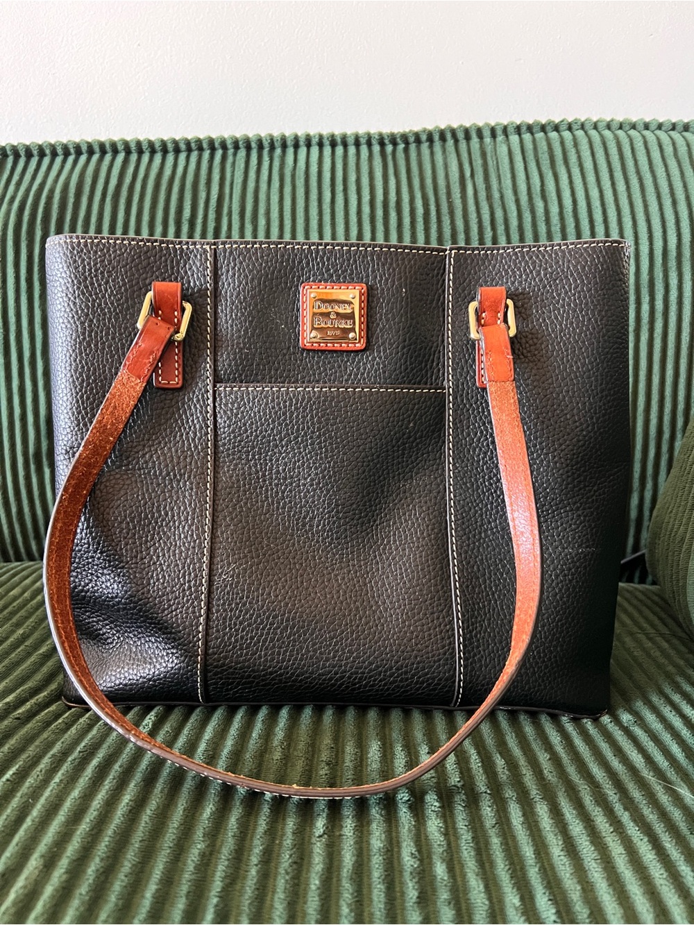 Dooney & Bourke Black Pebbled Leather Shoulder Tote with Brown Straps